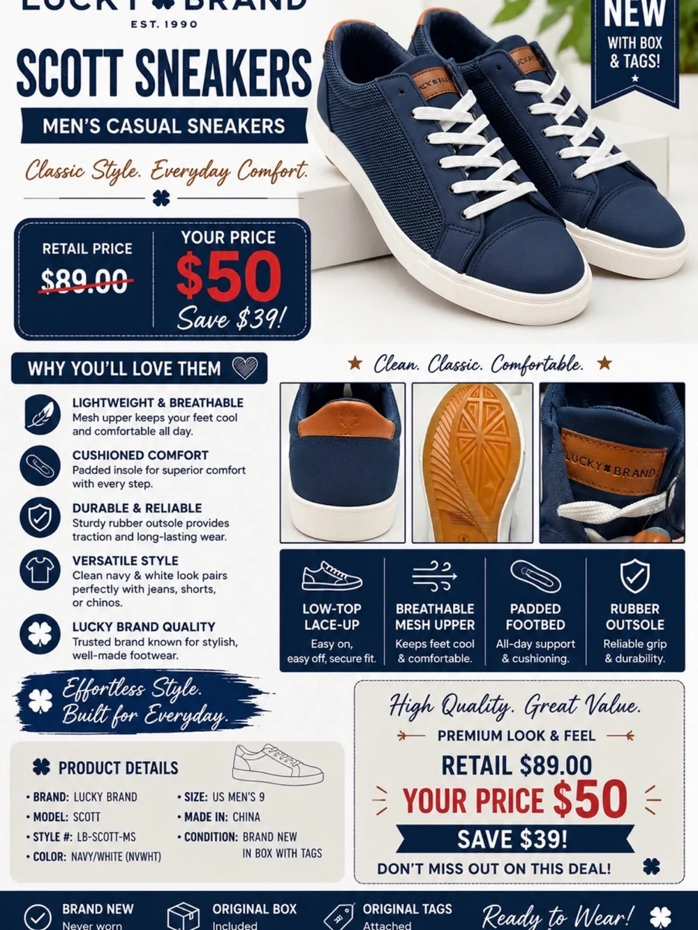 Men’s Lucky Brand Navy and White Low-Top Sneakers with Leather Tongue Tab